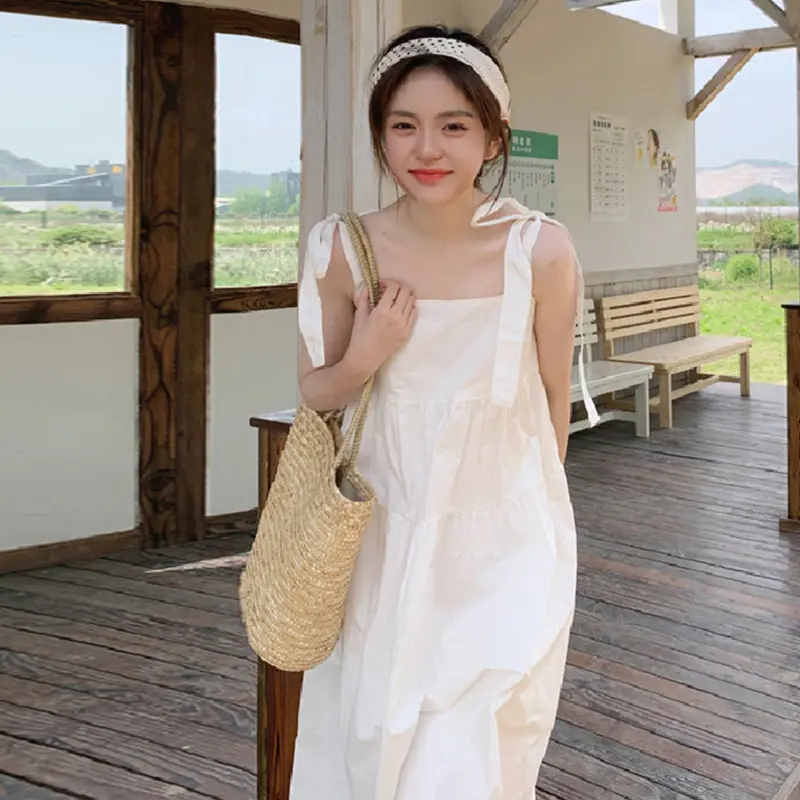 [LS] White Strap Dress French Style Long Dress Super Fairy Mori Style Dress New Lady Minimalist Fashion Women's Basic Model 6644 Hot Sale
