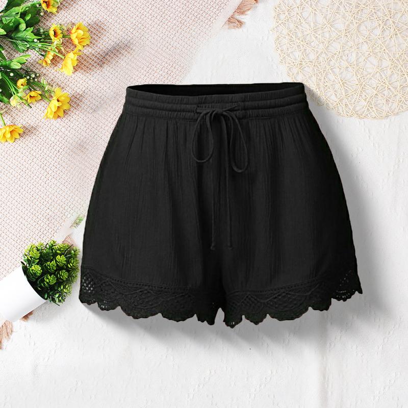 Mieeuo Women Summer Shorts Elastic Drawstring Waist Solid Color Lace Trim Shorts Loose Fit Elastic Tight Yoga Pants 1