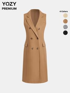 YOZY Women's Solid Double Button Lapel Neck Longline Waistcoat, Elegant Fashion Flap Detail Sleeveless Overcoat for Daily Wear, Ladies Clothes