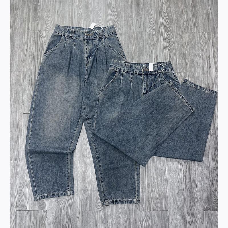 3185 BL313 BIGSIZE 75 quần jean baggy nữ ống thụng cạp cao, quần bò giấy nữ lưng cao trơn màu xanh phủ dơ cổ diển basic Pants Loang