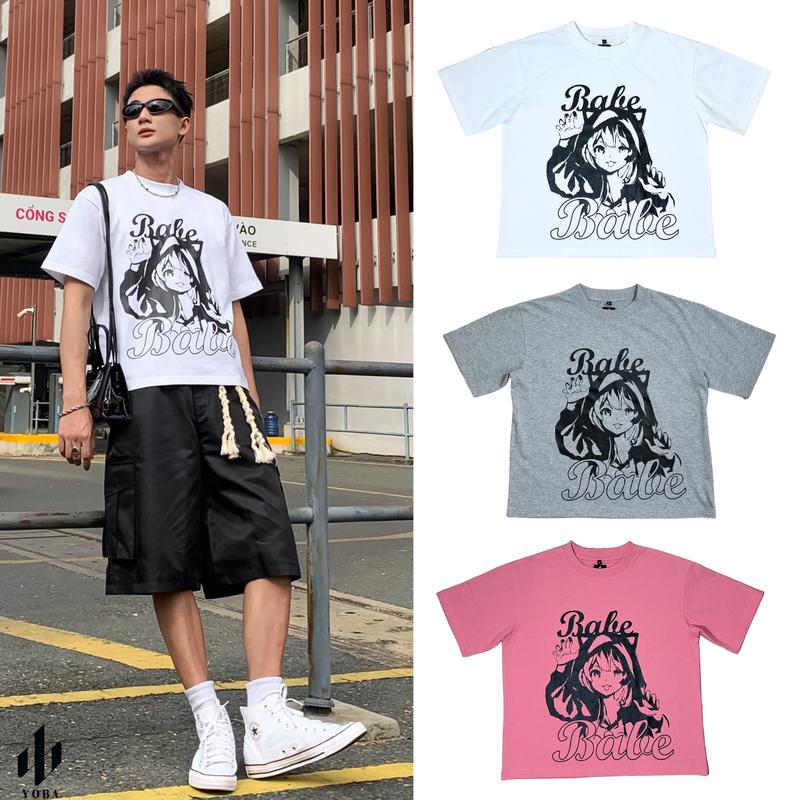 Áo Thun Boxy Tee YOBA Unisex Nam Nữ In BABE Vải Cotton 2 Chiều 250gsm Cổ Tròn Xịn Mát In Cao Cấp 3 màu ( Trắng,Xám,Hồng) A15 Top Menswear Kem
