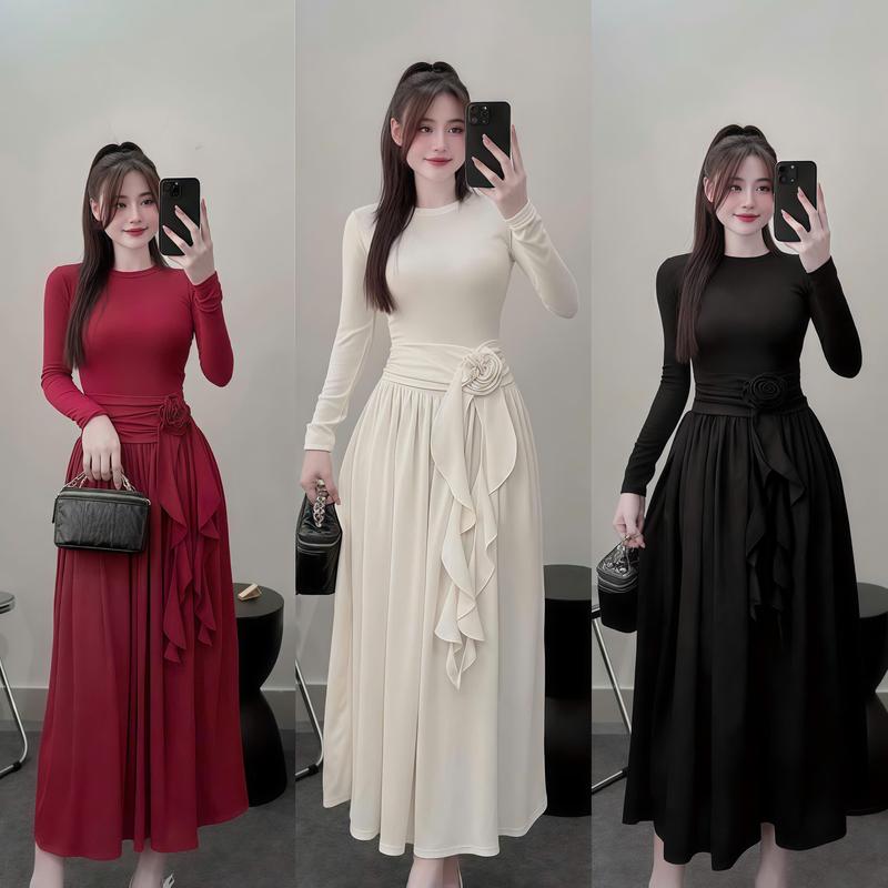  Đầm váy nữ chất tăm lạnh dáng dài tay dài cổ tròn đính hoa xoắn tua xinh xắn dễ thương tôn dáng phù hợp cho các nàng đi tiệc đi chơi diện tết đi du lịch Women 
