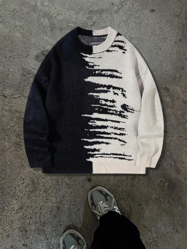 Men's Colorblock Print Drop Shoulder Sweater, Loose Casual Long Sleeve Round Neck Jumper for Fall & Winter, Fashion Men's Knitwear for Daily Wear 2