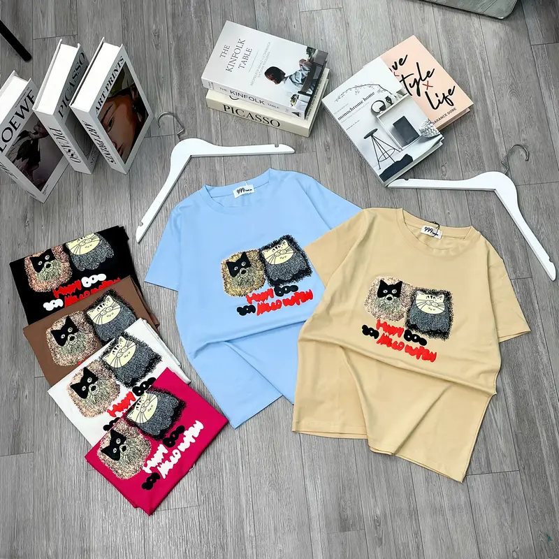 A028 - Áo Thun Nữ Cotton Thái Co Giãn Tôn Dáng, Mịn Mát, Thấm Hút Mồ Hôi, Phối Hình Nổi Dog & Cat Top Women 6