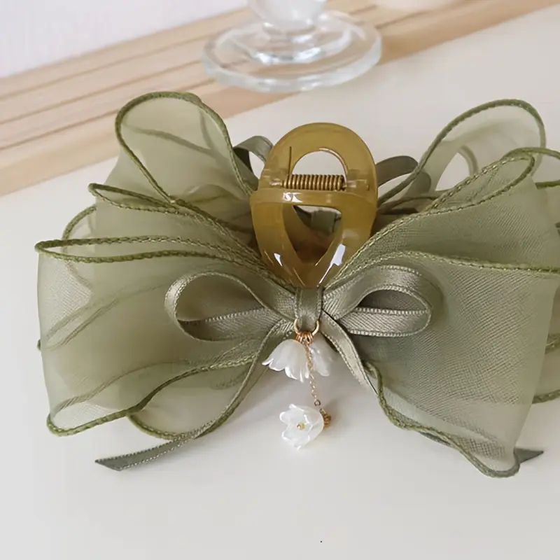 1pc Elegant Green Lily of the Valley Bow Hairpin with White Flowers & Ribbons - Sweet Fairy Style for Women and Girls, Perfect for Anniversaries, Hand Wash Only, Anniversary Gift | Fairy Style Accessory | Charming Ornament 2