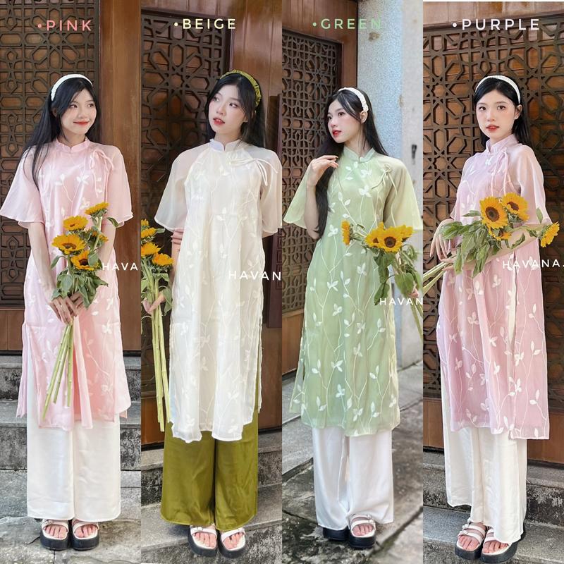 Áo dài cách tân nữ 4 tà dáng suông vải tơ mềm thiết kế hoạ tiết hoa nổi HAVANA AD02