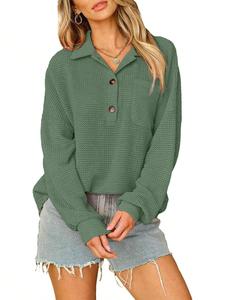 Women's Plain Waffle Knit Button Front Drop Shoulder Polo Shirt, Casual Curved Hem Long Sleeve Pocket Top for Fall & Winter, Women's Clothing for Daily Wear
