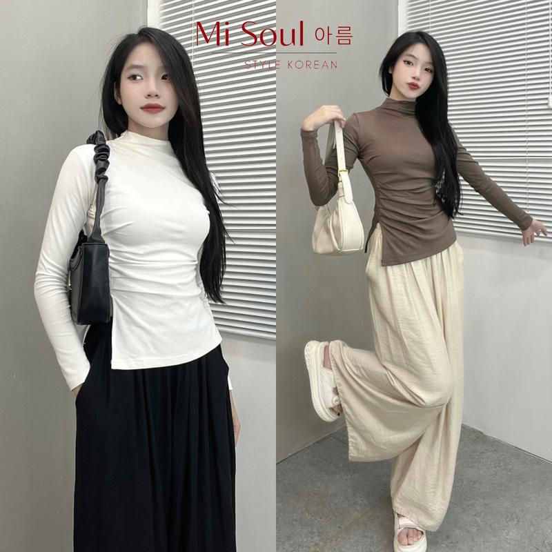Product Introduction of Áo Giữ Nhiệt Dài Tay Nữ Cổ 3 Phân Nhúm Sườn Xẻ Tà BigSize MiSoul, Áo Thu Đông Cổ 3 Phân Dáng Form Ôm Body 222 Top Cổ Tròn Women Ong Đen 8