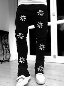 Men's Floral Print Denim Jeans, Street Fashion Casual Comfy Trousers for Daily Outdoor Wear, Men's Bottoms for All Seasons, Cotton