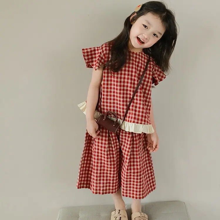 Bộ áo bèo + quần ống rộng kẻ đỏ Mbang bé gái phong cách Hàn