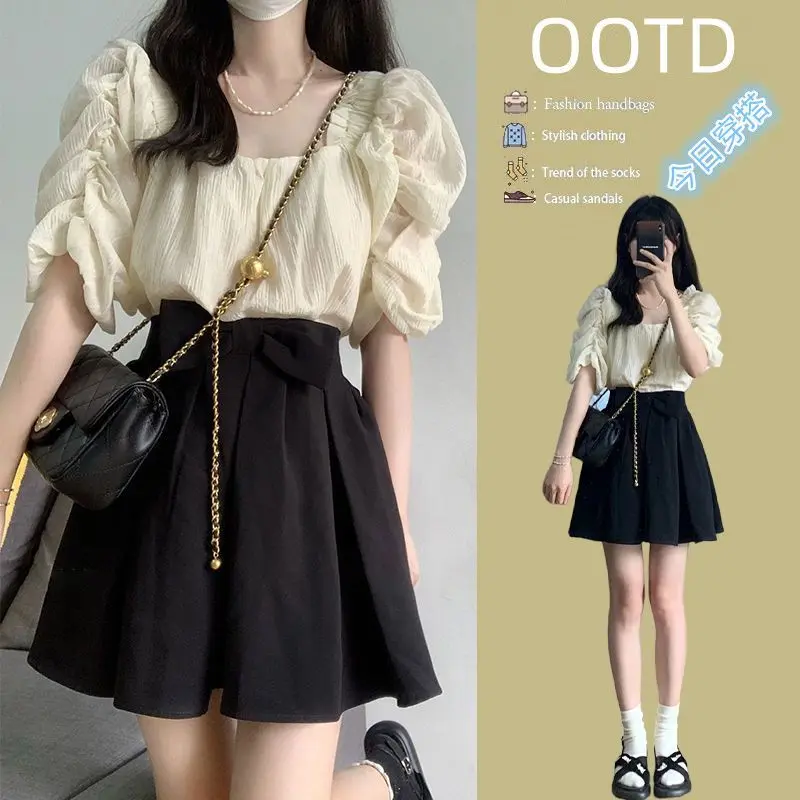 Bộ Đồ Mùa Hè Cho Nữ, Cỡ Nhỏ Phong Cách Pháp, Áo Sơ Mi ngắn Tay Phồng, Váy Xếp Ly Sữa, Bộ Hai Mảnh, Dễ Thương, Trông Trẻ Trung Women Top Tre yếm  tết set  đồ set  đồ  girl  phố 5