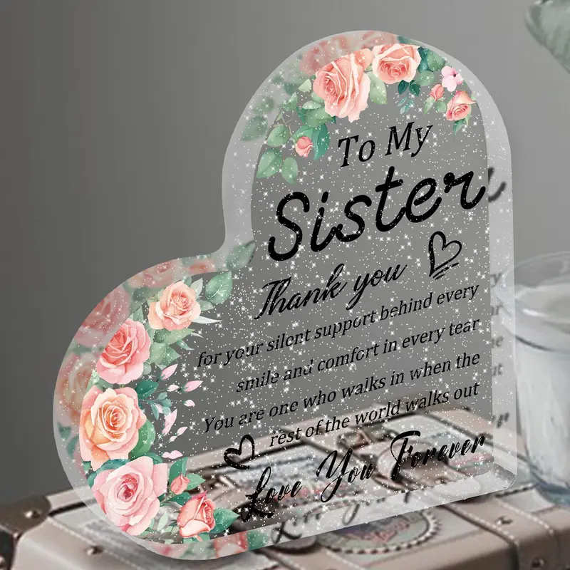 Flower & Letter Pattern Acrylic Decor Sign, Heart Shaped To My Sister Thank You Gift, Sister Friendship Plaque for Women, Desk Ornament, Memorial Gift 0