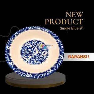 Piring Makan Keramik 1 Lusin 12 pcs Ukuran 9 Inch Single Blue Packing Kayu