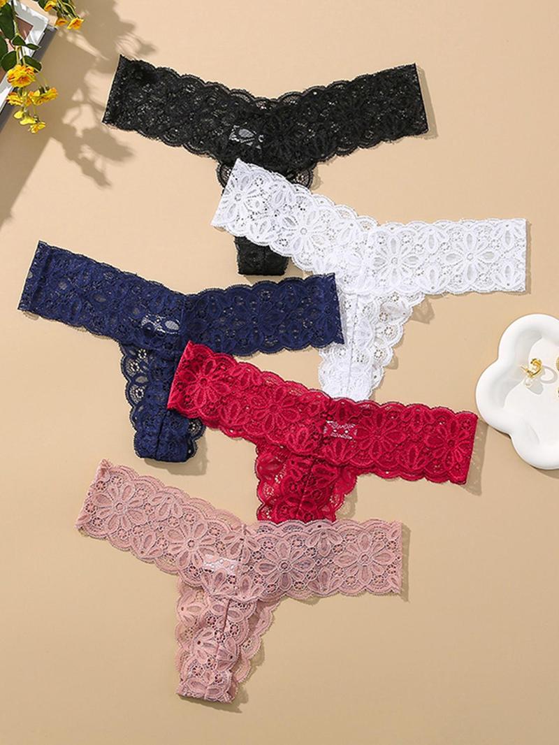 Product Introduction of Women's 5pcs Breathable Hollow Out Scalloped Panty, Womenswear, Fashion Minimalist High Stretch Traceless Comfortable Lace Knicker For Lady Daily Wear, Women's Underwear Clothes For All Seasons 5