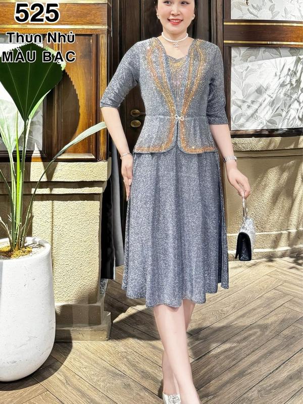 Đầm liền giả vest dạ hội trung niên chất nhũ kim sa co giãn cực tốt cho mẹ dự tiệc sang trọng bigsize 75KG M525