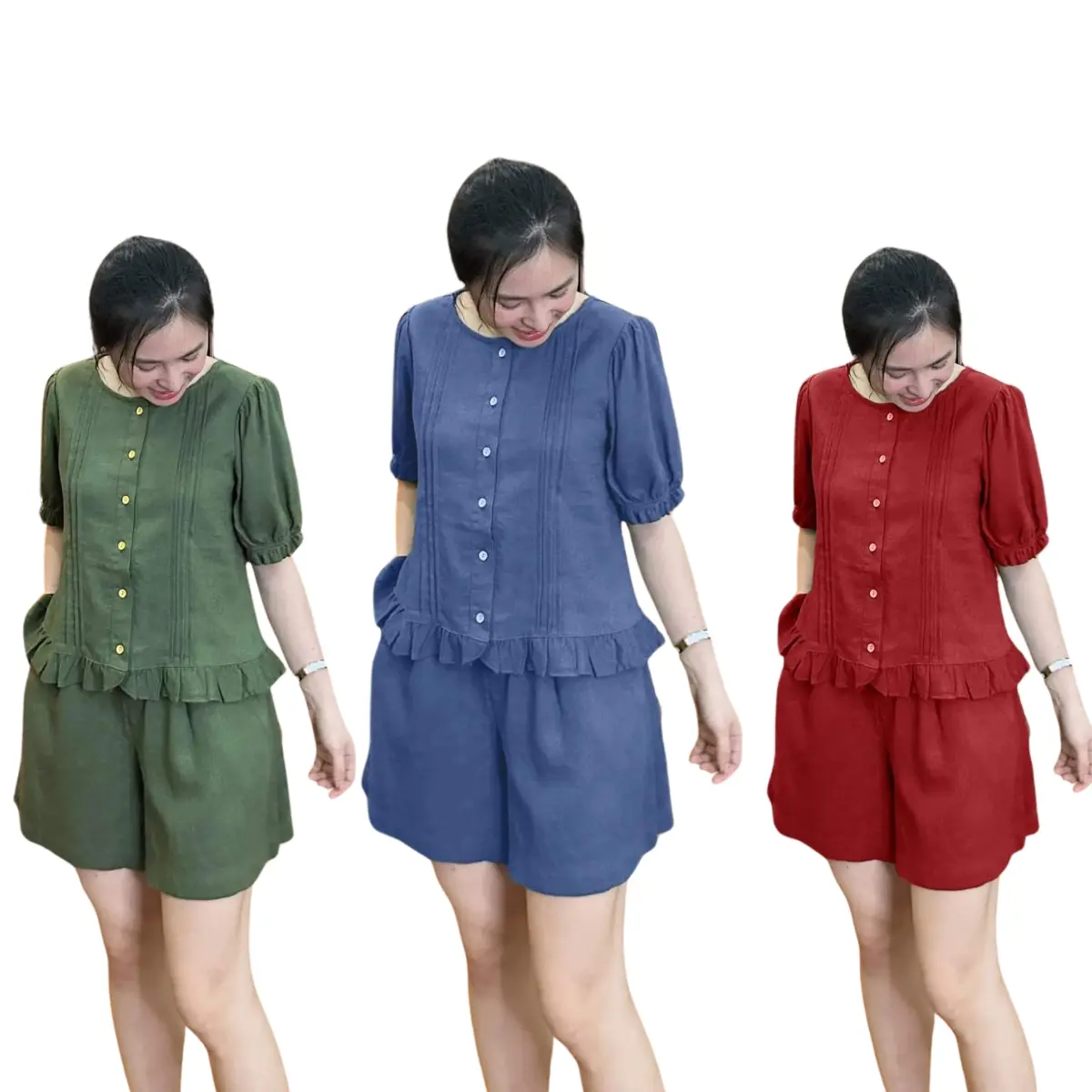 Bộ đũi nữ cộc đùi xếp ly, chất đũi tơ mềm mát, có size từ 40-70kg Áo  Women Top Nhung Xanh Rêu đồ  bộ mặc nhà