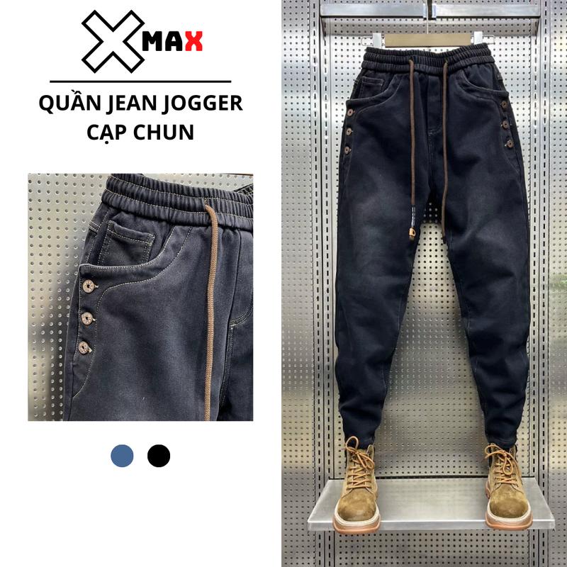 Quần Jean Jogger Nam Cạp Chun XMALAB Vải Mềm Co Giãn Dày Dặn Bo Gấu Phối Cúc Cài Phong Cách B153