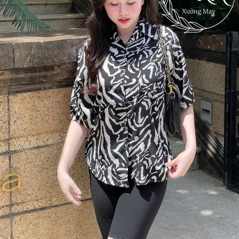 Bộ sơ mi phom rộng quần ngố hàng Freesize 45-70kg Nữ Women Voi Top Shirt Nhung 1
