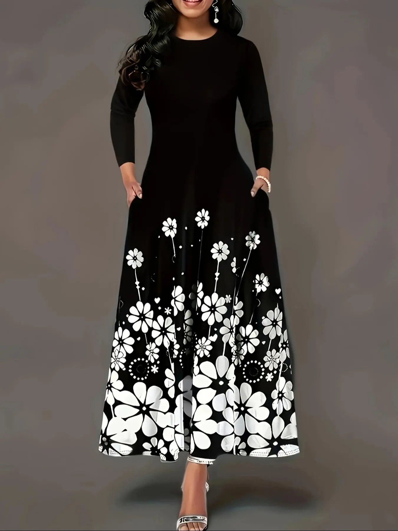 Women's Floral Print Long Sleeve Dress, Elegant Round Neck Dress for Party Holiday Wedding Guest, Ladies Clothes for All Seasons