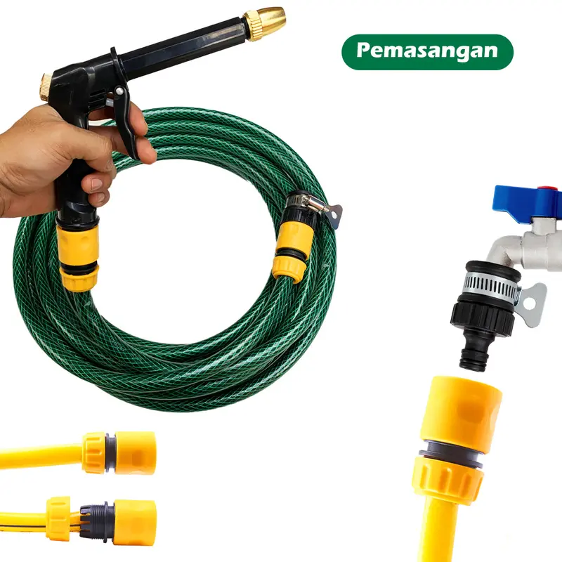 Selang Semprotan Air Semprot Cuci Motor Mobil Siram Taman Benang Hijau Anti Lumut 2mm - Komplit Universal Paket Selang + Semprotan Bonus Konektor Quick Release 6