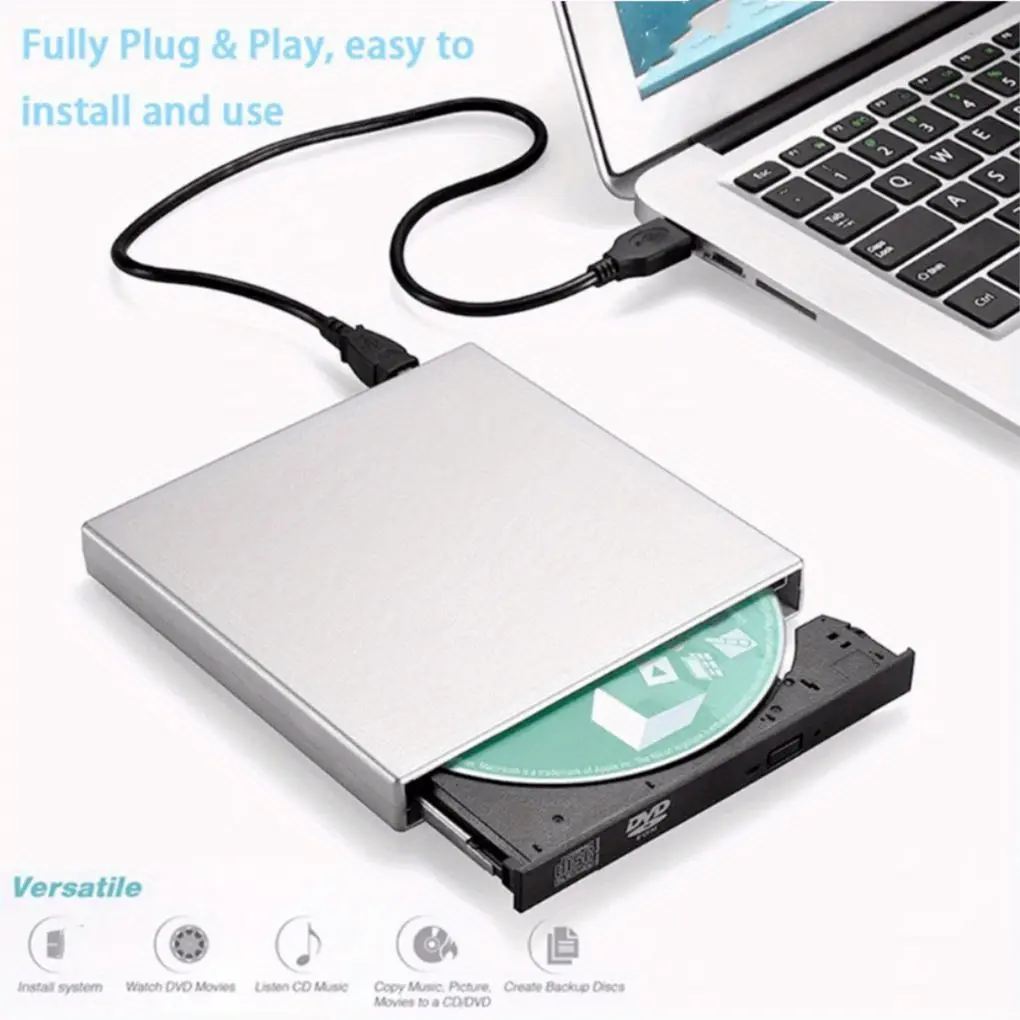 USB External CD/DVD Drive for Laptop, Plug & Play, Slim Portable Optical Disk Drive, Shockproof & Noise-Canceling, Compatible with Windows/Mac OS, DVD-RW/CD-RW Reader and Writer