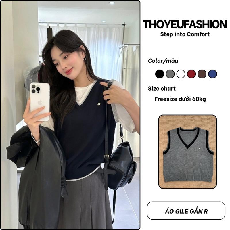 Áo Gile Len Cổ V Viền Trắng Đen Gắn Tag R Basic Phong Cách Hàn Quốc