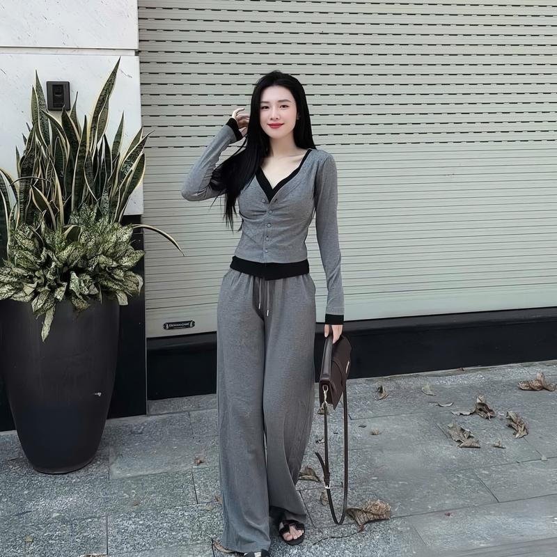 Set Bộ Cổ V Áo Tay Dài Phối Viền Phối Màu Cúc Dọc Kèm Quần Ống Suông Duyên Chuyên Khoác