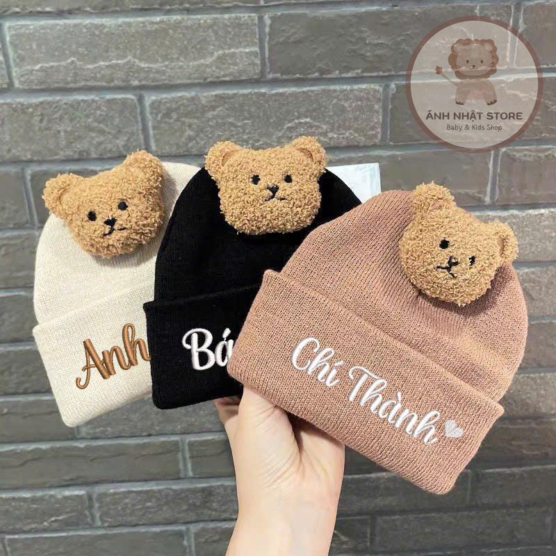 (THÊU TÊN) Mũ Len Đính Gấu Thêu Tên Riêng Theo Yêu Cầu Cho Bé Phong Cách Hàn Quốc Mùa Đông đáng yêu dễ thương