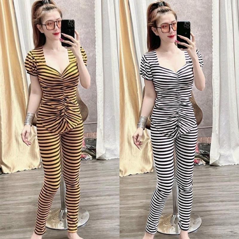 Sét Bộ Sọc Áo Nhúng Vạt Bầu Phối Quần Dài Ôm Có Túi Rẻ Đẹp Nữ Women Top Thun