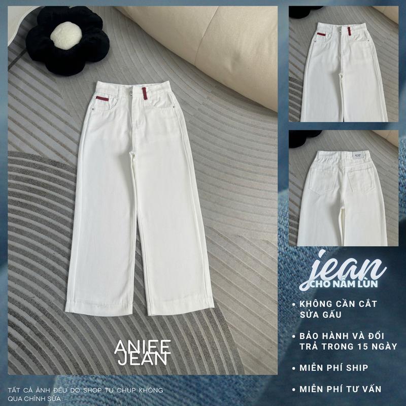Quần jean ống rộng,quần bò nữ ống suông Aniee cạp cao không co dãn vải denim 2 phối màu dài 90cm cho nấm lùn - SUONGLAIDO