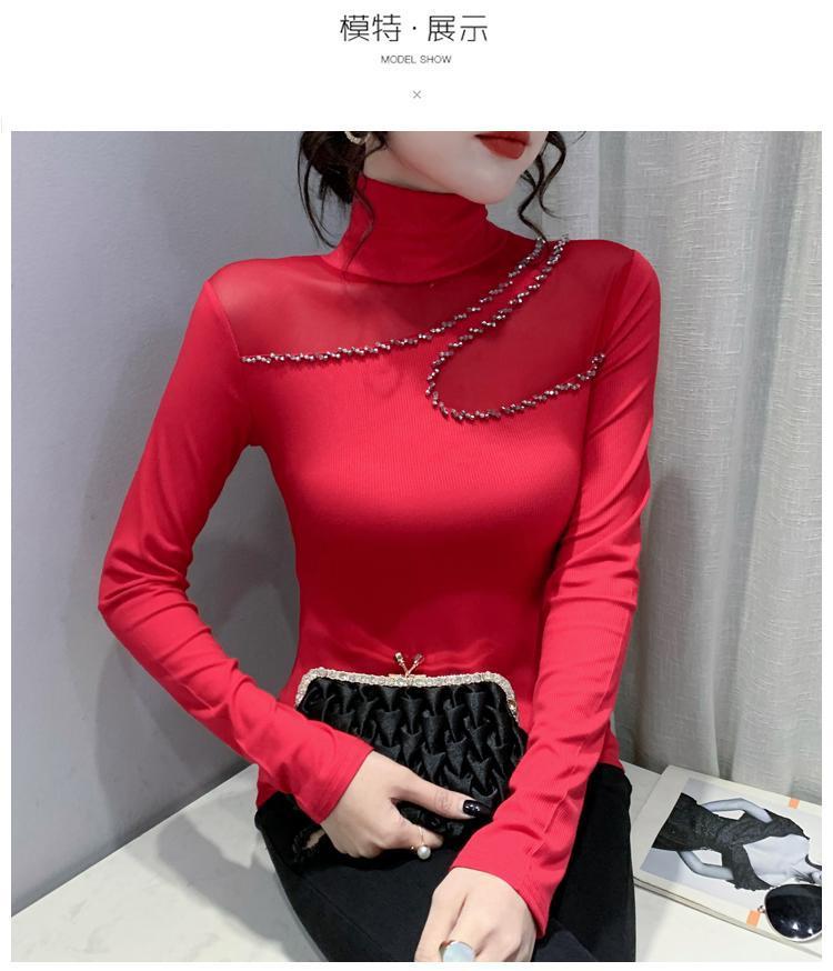 Product Introduction of Áo Mỏng Cho Nữ, Cổ Lọ European Station, Khâu Lưới, Thiết Kế khoét Dài Tay, Dáng Ôm, Hàng Mới Về Năm 2024, Thích Hợp Cho Mùa Thu Và Mùa Đông, Có Dát Kim Cương Top Women Sơ Mi Shirt 9