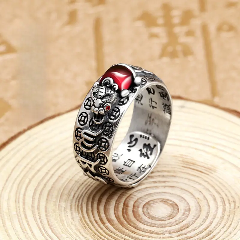 Nhẫn Ruby Tỳ Hưu, Bạc Cổ Điển Dành Cho Nam, Thiết Kế Xuyên Thấu Trái Tim, Được Chuyển Đồng Tiền Xu Đồng, Nhẫn Mở, Phong Cách Sinh Tồn, Độc Đoán, Nhẫn Nam 5