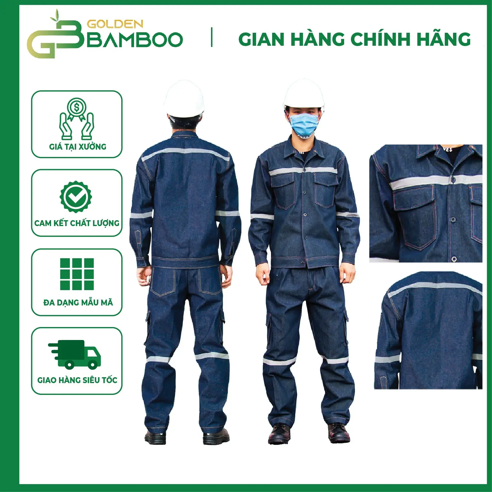 Quần Áo Jean Thợ Hàn, Gắn Phản Quang Ngực, Tay, Chân