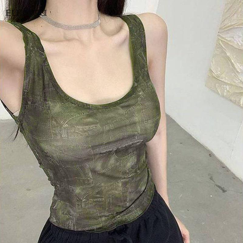 Product Introduction of Women's Summer Fashion Slim Cropped Top Sleeveless U-neck Backless Retro Pattern Printed Vest Simple Versatile Fabric Soft 29
