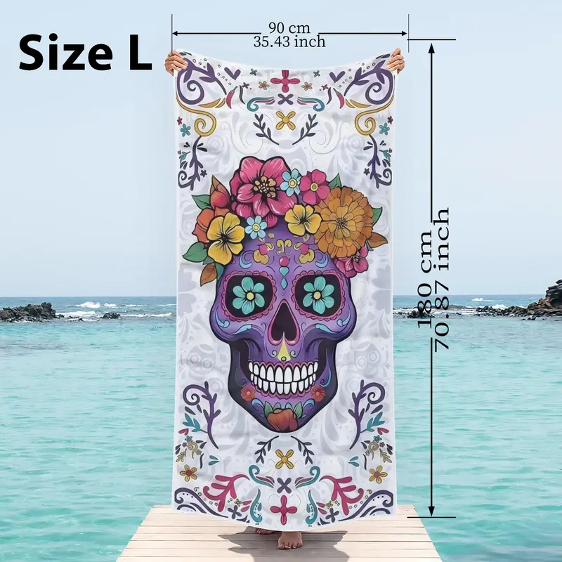 Skull & Floral Pattern Beach Towel, Soft Absorbent Towel, Rectangular Towel for Travel, Yoga, Swimming, Fitness, Picnic 4