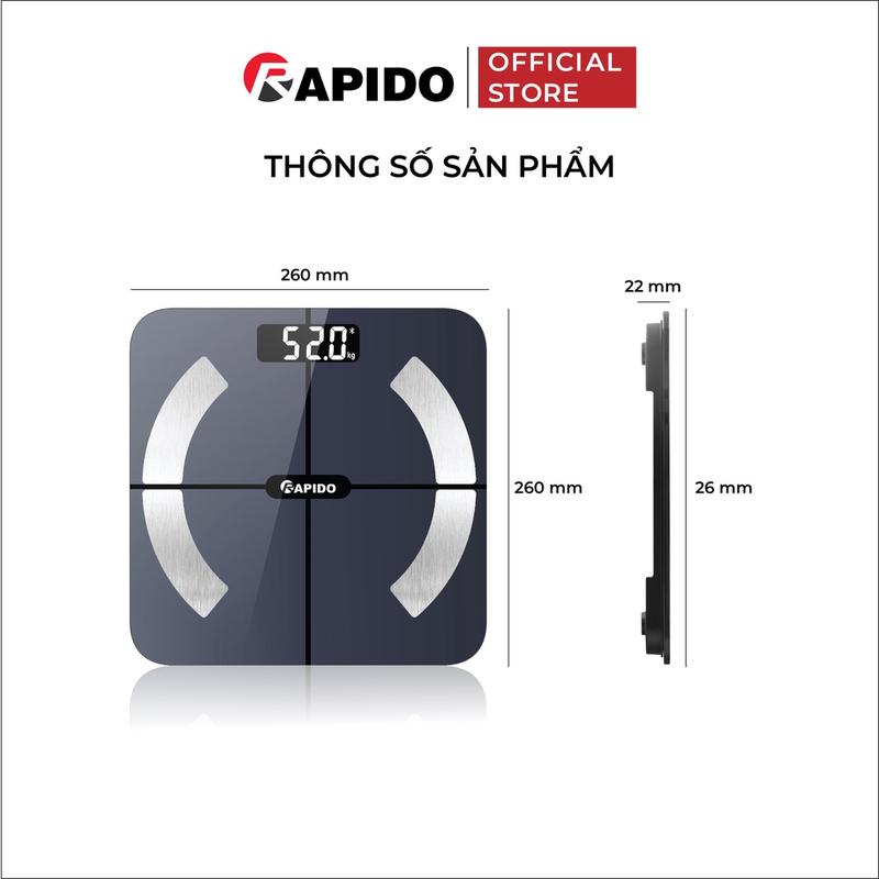 Cân điện tử sức khỏe thông minh Rapido RSB02-S kết nối bluetooth, đo 10 chỉ số, bảo hành 12 tháng