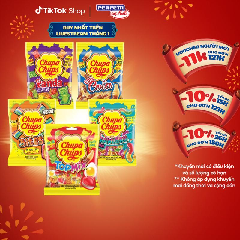  Kẹo dẻo Chupa Chups hương trái cây hỗn hợp hương cola mang đến vị ngọt vị chua và đa dạng hình dáng 