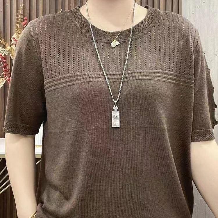 áo len nơ cardigan trễ vai Áo Thun Ngắn Tay, Phong Cách Thanh Lịch, Dành Cho Phụ Nữ, Hàng Mới Về Mùa Hè Thường Ngày Áo Len Cho Mẹ, Cổ Tròn, Mỏng Và Rỗng, Áo Ngoại Cỡ 2025 áo cổ 3 phân nữ kiểu