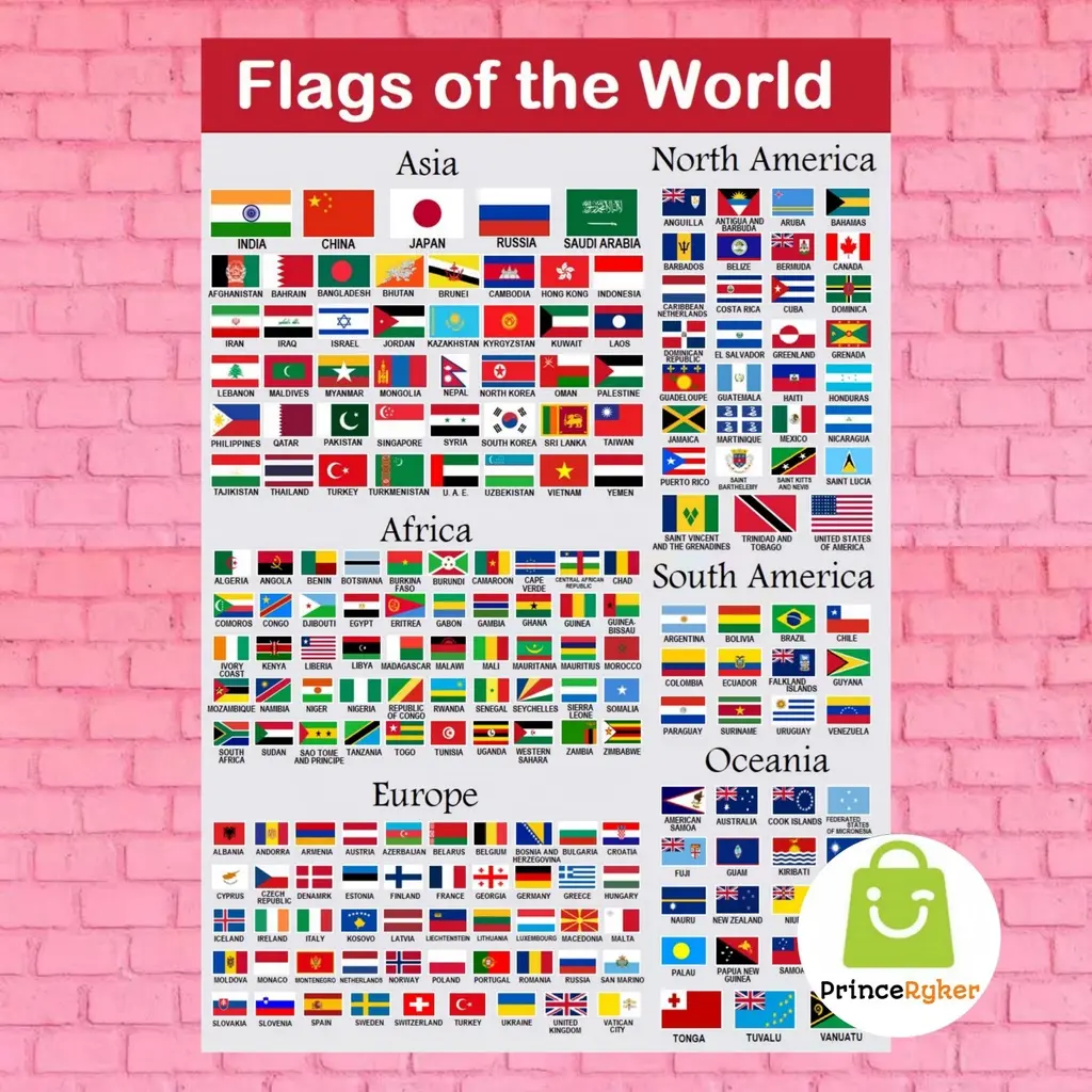Flags of the World Chart | A4 Size Laminated Educational Wall Chart ...