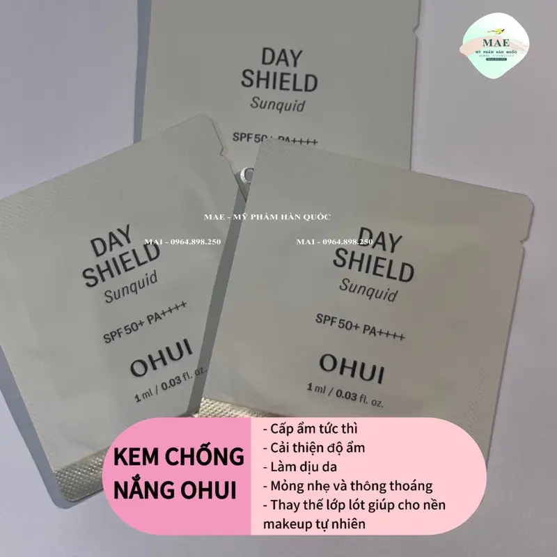 10 GÓI KEM CHỐNG NẮNG OHUI DAYSHIELD SUNQUID  CHỐNG NẮNG DẠNG SỮA - MÁT LẠNH NHẸ TÊNH