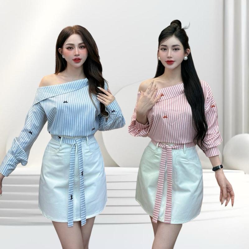Set áo váy thiết kế CRAZYTEEN S5007 dành cho nũ gồm áo sơ mi lệch vai và chân váy dáng chữ a để đi chơi ( Áo sơ mi/ Dây cột nơ/ Chân váy )