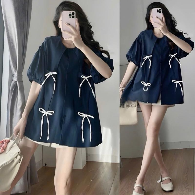 Mèo Mỡ Bigsize — Set babydoll áo sơmi cổ nhọn đính nơ kèm quần đùi sọt trên gối bigsiz nữ 60-100kg
