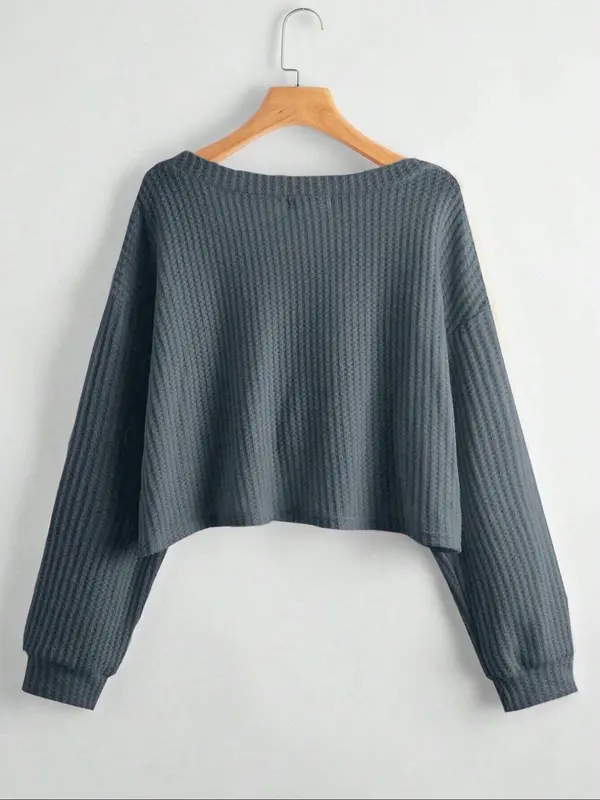 Women's Plain Textured Drop Shoulder V Neck Tee, Casual Long Sleeve Top for Spring & Fall, Fashion Women's Clothing for Daily Wear 1