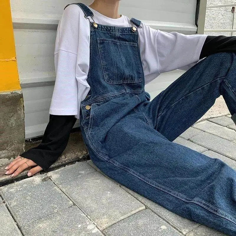 Quần Yếm Denim, Phong Cách Nhật Bản, Nữ Dáng Rộng, Ống Rộng, Thiết Kế Cổ Điển Chống Lão Hóa, Thích Hợp Cho L, MM, Mỏng Và thụng, Quần Dài Xiêm Thẳng