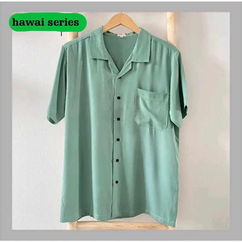 Kemeja Hawai Polos BASIC COLOUR SHIRT Pria Baju Vintage TERBARU Atasan V-neck Lengan Pendek Murah Santai Setrip  Casual