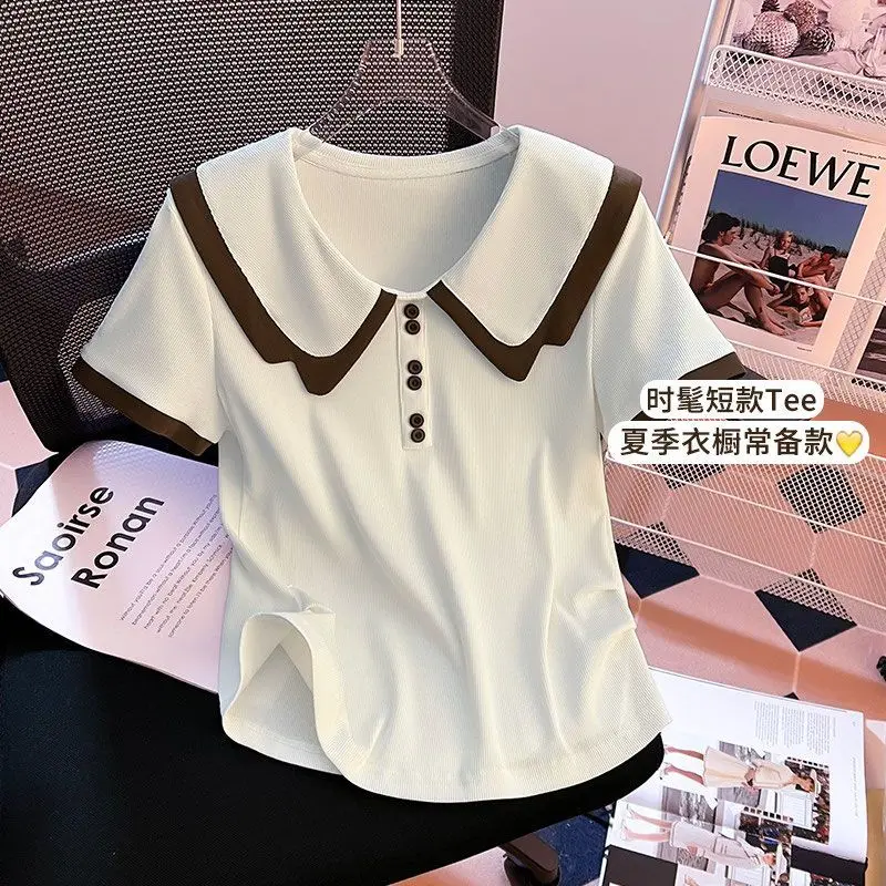 Áo Thun Ngắn Tay Cổ Búp Bê Phong Cách Preppy Cho Nữ Hàng Mới Về Mùa Hè 2024 Áo Thun Dễ Phối Đồ Trẻ Trung Ngọt Ngào 1