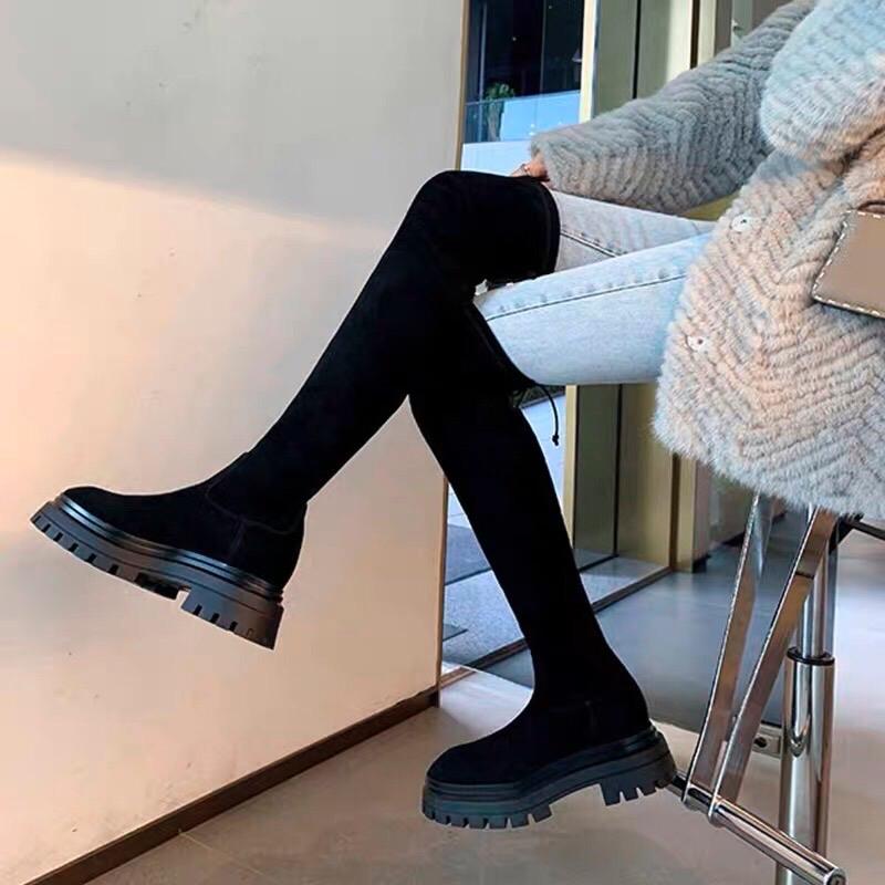 (không khoá form bé) Boot đùi qua gối đế bằng 4P chất mềm lót lông ấm hàng VIP loại 1 Fullbox Cổ Cao Bốt Nữ Cổ Cao