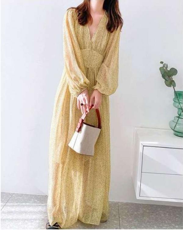 Product Introduction of Phong cách Pháp cổ điểnváy voan hoa dài tay thiết kế cạp cao, dáng rộng vừa vặn, mặc dự tiệc hay mọi dịp đều siêu đẹp! Nữ Women Dress Khuy 6