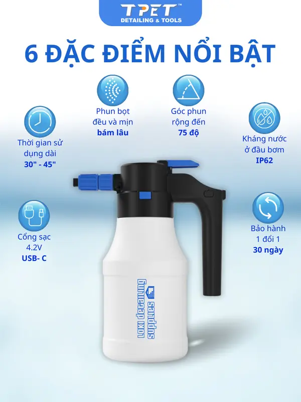 Bình phun bọt tuyết sạc tự động sạc pin rửa xe 1.5L dung tích pin 4800mAh bìnhxịt bọttuyết 2