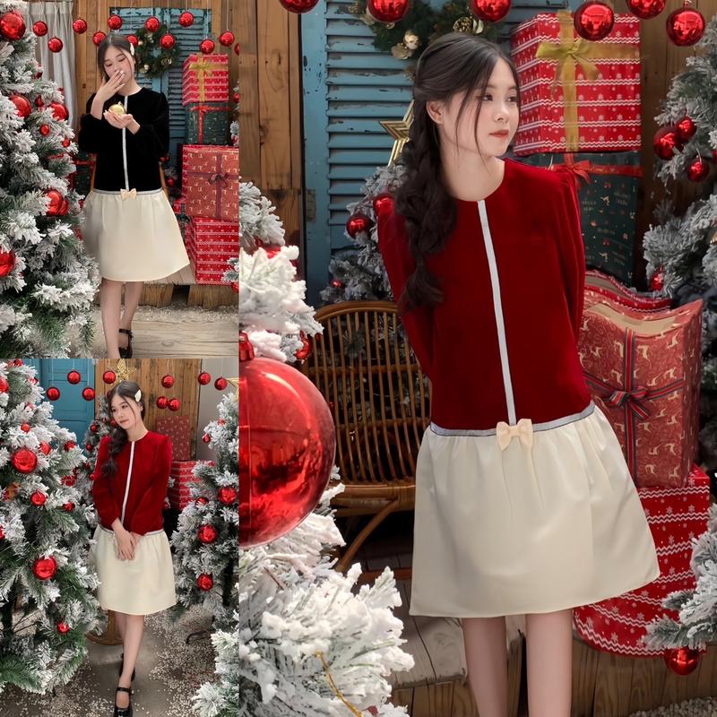 [FREESHIP] A17- Váy Nhung viền nhũ phối Tafta dáng xuông cho mùa Tết , đủ size S-M-L-XL Miju Store.Fu Nữ Dress Đầm Women